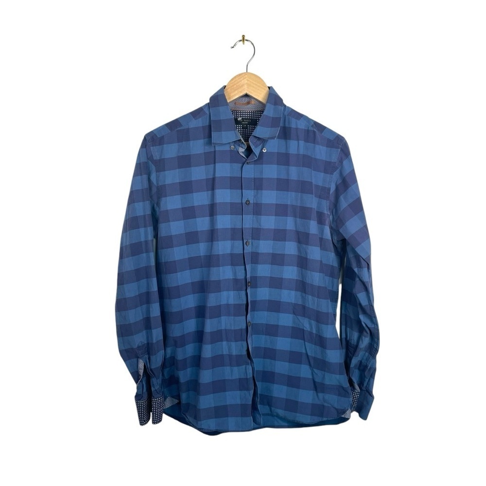Ted Baker Men’s Check Collared Button Down Shirt in Blue Size 4 (L)